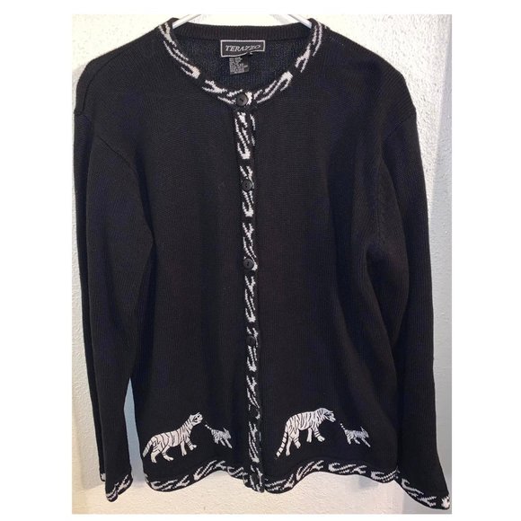 TERAZZO Black & White Embroidered Tigers Cardigan Long Sleeve Sweater Size Large - Picture 1 of 3